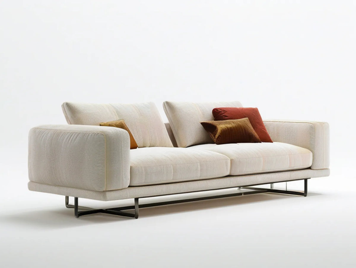 Cream Polyester Upholstered 3-Seater Sofa with Black Steel Sled Legs, 90.6 x 37.4 x 33.5 in