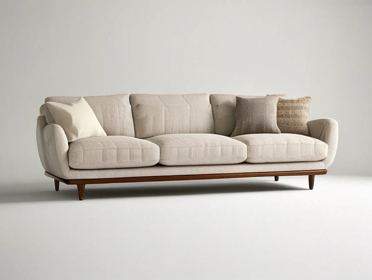 Cream Curved 3-Seat Sofa with Brown Wood Legs, 90 x 38 x 32 in