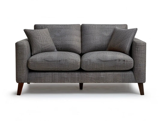 Gray Upholstered 2-Seat Loveseat with Dark Brown Wood Legs, 63 x 35 x 34 in