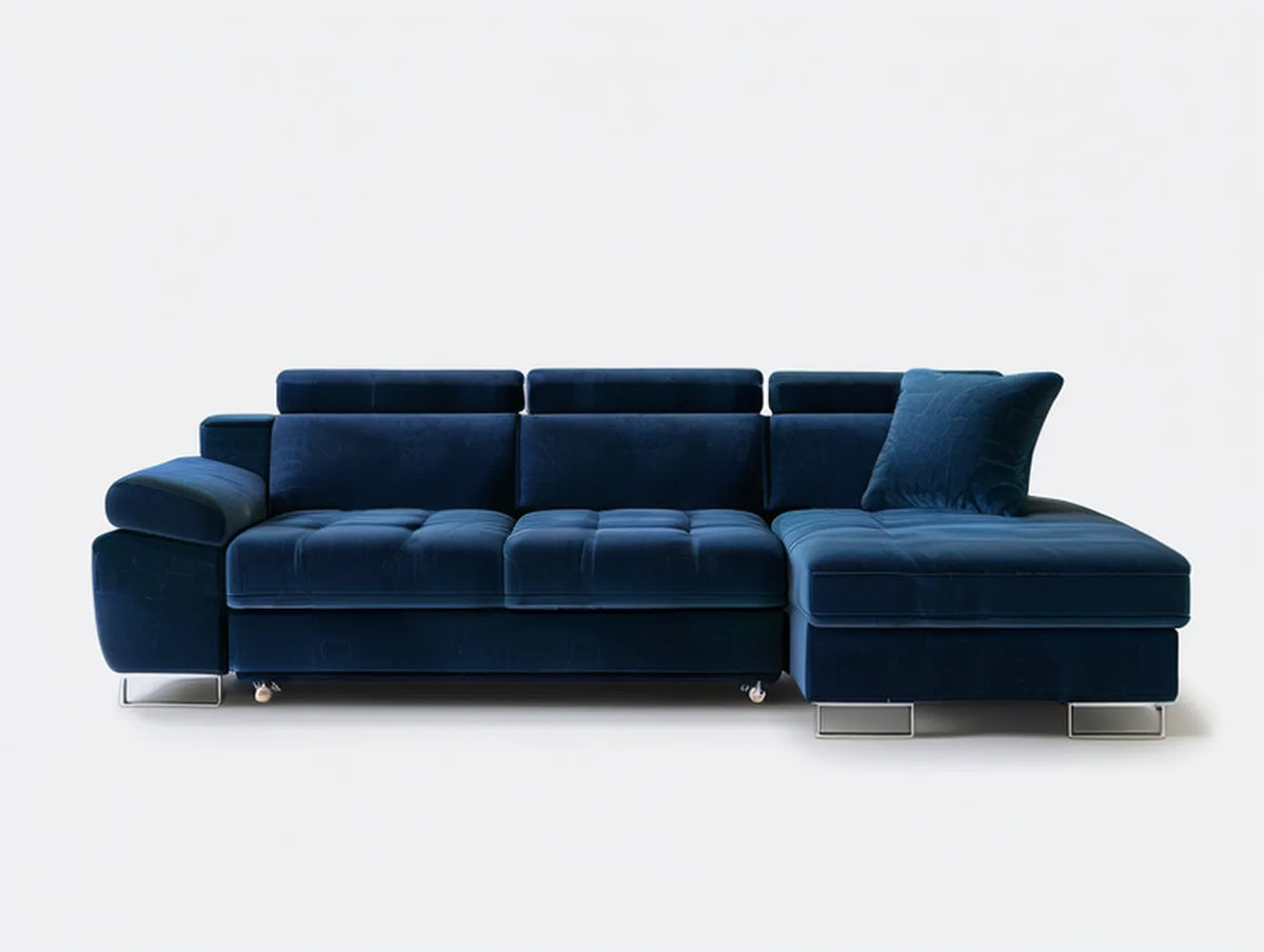 Navy Blue Polyester Velvet L-Shaped Sectional with Right-Facing Chaise, 112 x 65 x 35 in