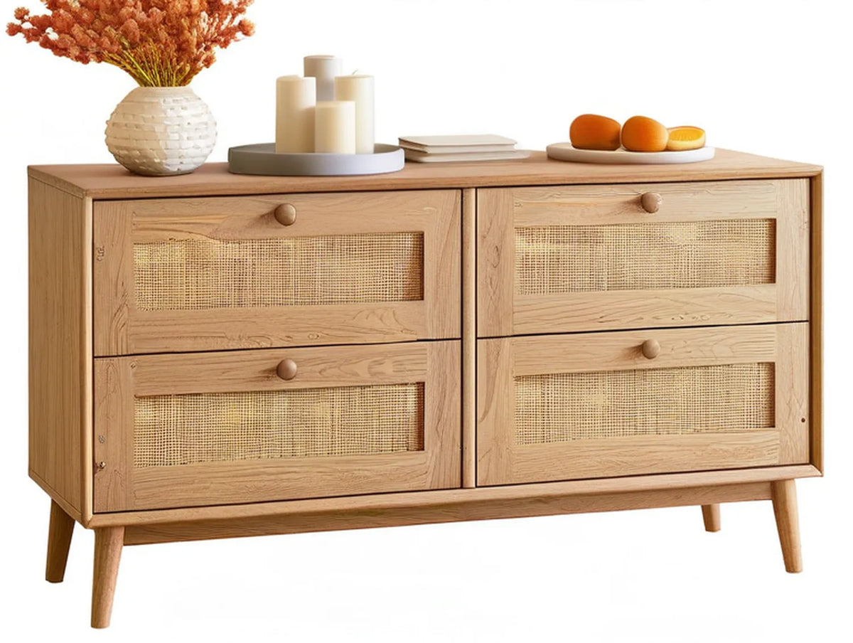Natural Oak and Beige 4-Drawer Rattan Dresser, 47.2 x 15.7 x 31.5 in