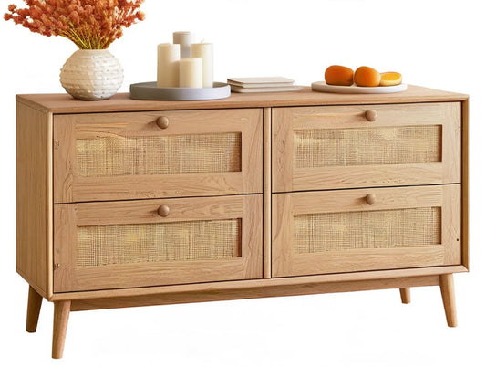Natural Oak and Beige 4-Drawer Rattan Dresser, 47.2 x 15.7 x 31.5 in