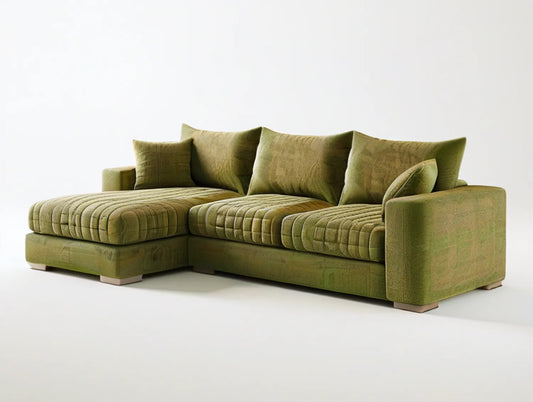 110 x 65 x 34 in Left-Facing Chaise Sectional Sofa, Olive Green Polyester Velvet with Natural Wood Feet