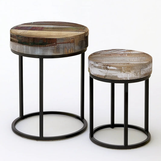 Set of 2 Round Reclaimed Wood Nesting Side Tables, Multitone Wood and Black Iron, 22 x 24 in and 18 x 20 in