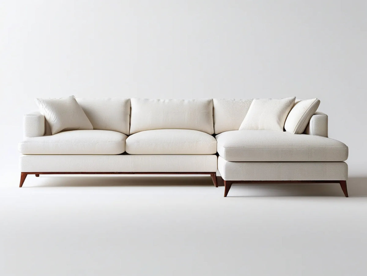 Ivory Sectional Sofa with Right-Facing Chaise, Dark Brown Wood Legs, 112 x 65 x 35 in