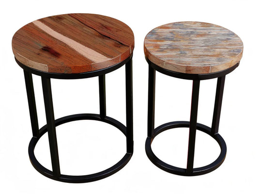 Set of 2 Round Nesting Tables, Reclaimed Wood and Black Steel, 23.6 in. x 23.6 in. and 17.7 in. x 19.7 in.